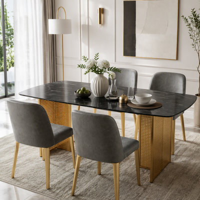 Rectangular Tempered Glass Dining Table with Marble Pattern and Legs
