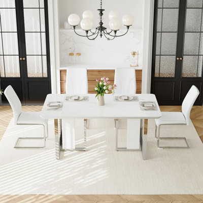 White Dining Table Set For 4, 63" Dining Table Set With Chrome Plate Leg, Modern Kitchen Table And Chairs Set Of 4 For Dinner Room,High Glossy,Sturdy Structure