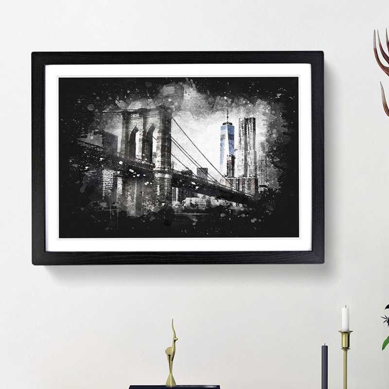 Brooklyn Bridge in New York - Picture Frame Painting Print, Black Framed, 24cm H x 33cm W x 2cm D