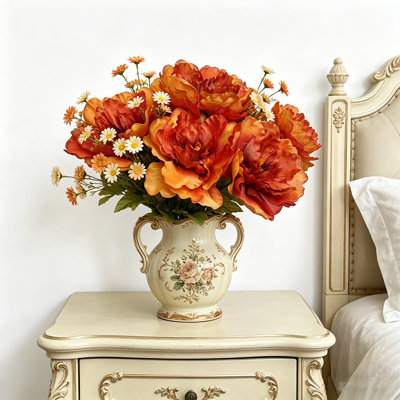 Paquet de 6 fleurs artificielles de pivoines, 17 pouces, fleurs artificielles pour bouquets de mariage, arrangement floral, décoration de table (orange)