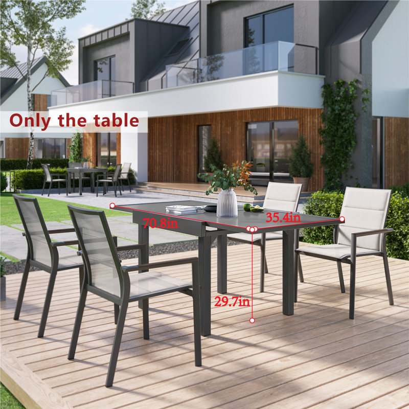 Light Gray Aluminum Extendable Outdoor Dining Table with Glass Top