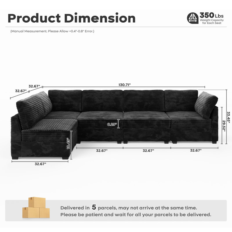 Nathasa 5-Piece Upholstered Corduroy Sectional, Black Corduroy