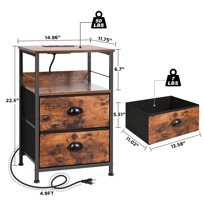 Nightstand With Charging Station End Side Tables With Storage Drawers