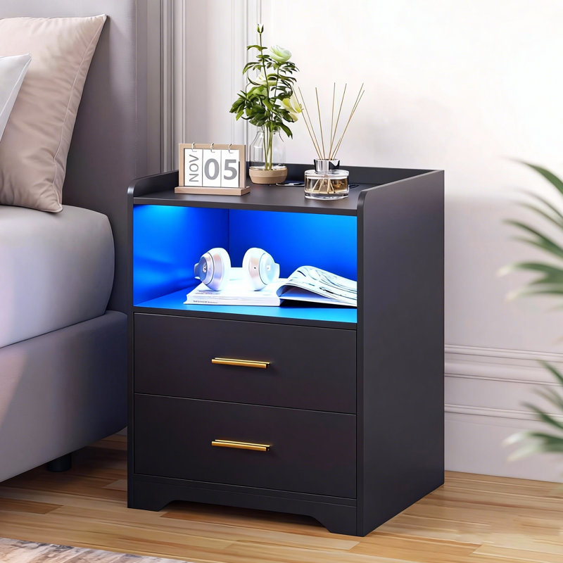 Table de chevet moderne 17,7 po à 2 tiroirs avec éclairage RVB 20 couleurs et capteur de mouvement, Noir