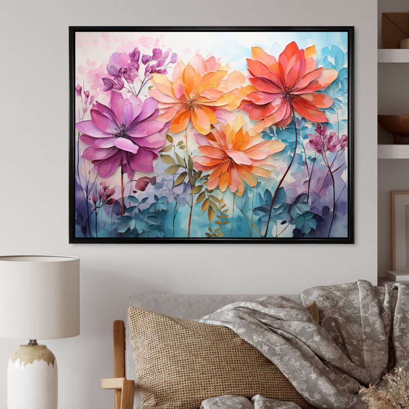 Fougère multicolore II - décoration murale florale, Cadre flottant noir, H 24 po x l 32 po x P 1 po