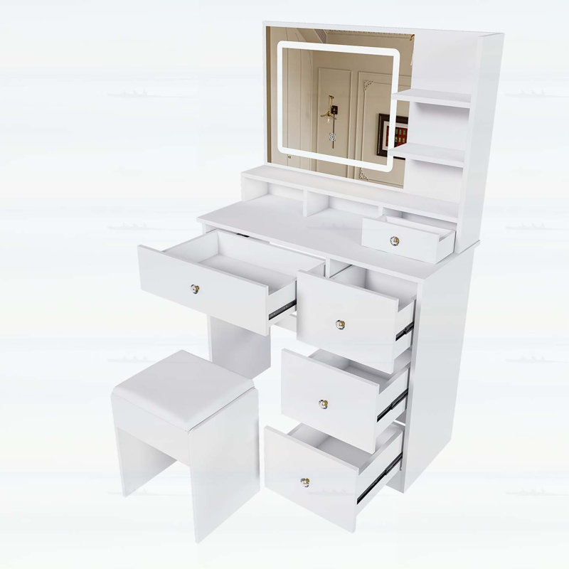 Bureau de coiffeuse avec miroir Fashion, éclairage 3 couleurs, rangement ouvert, 5 tiroirs, support pour sèche-cheveux, prise de courant et tabouret, blanc