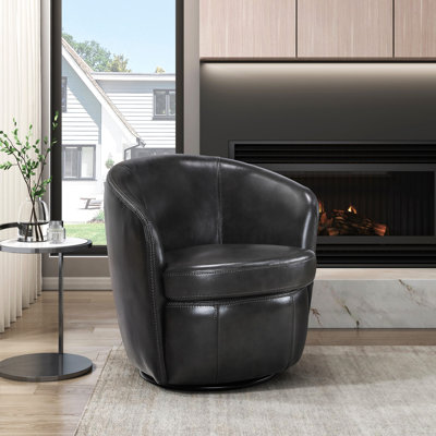 Fauteuil pivotant de luxe gris fumé, structure en bois massif et contreplaqué, revêtement 100 % cuir, mousse haute densité enveloppante, rotation à 360°, housse amovible. Style élégant, gris, structure, cuir.