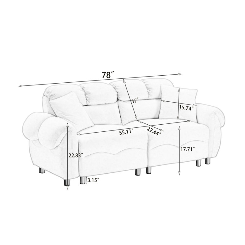 Legary 78'' Velvet Sofa, White Velvet, 39.8" H x 78" W x 25" D