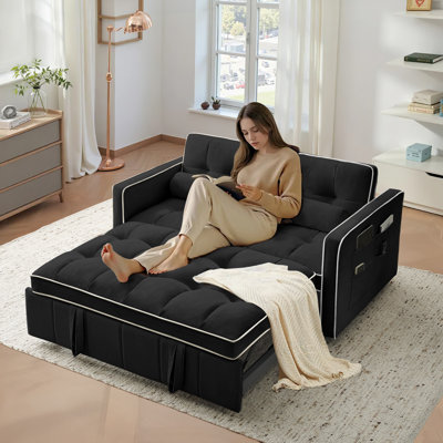 3 in 1 Convertible Sleeper Sofa Bed, Comfy Futon Couches for Living Room with Side Pocket/Adjustable Backrest, Vevelt upholstered Tufted Pull out Couc by Mercer41