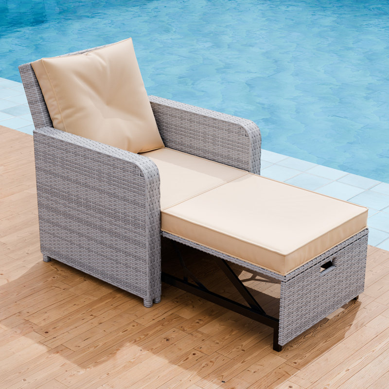 Convertible Wicker Chaise Lounge with Adjustable Backrest, Beige, Gray