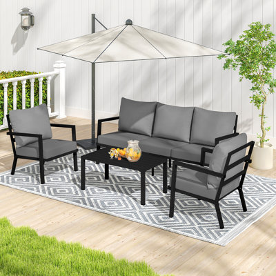 Ensemble de conversation d'extérieur en aluminium 4 pièces avec coussin gris, canapé et table basse Heim