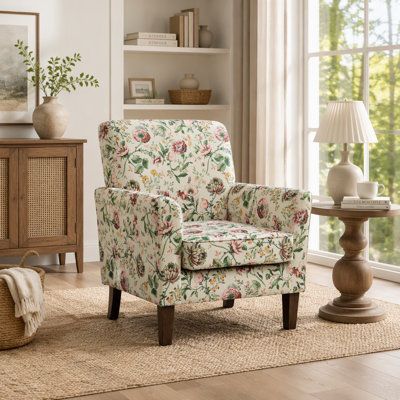 Patterned Polyester Blend Armchair, Solid Birch Wood Frame with Brown Tapered Legs, Foam Padded Accent Chair with Trim Detail for Living Room Office