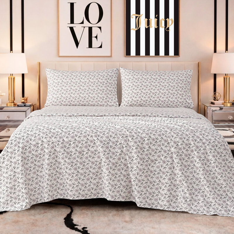 Juicy Couture Printed Microfiber Sheet Set, Queen, Dolly Bows