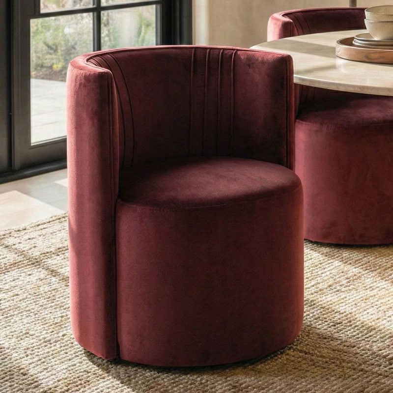 Velvet Rolling Barrel Armchair with Wheels, Burgundy