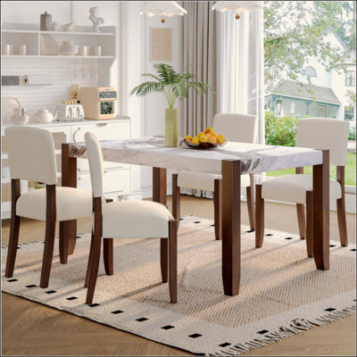 Ensemble de table de salle à manger 5 pièces pour 4 personnes, table de style faux marbre et 4 chaises rembourrées avec pieds en bois d'hévéa massif, siège rembourré, dossier incurvé, ensemble de coin-repas compact pour la salle à manger