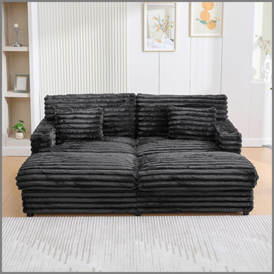 Très grand canapé-lit double avec méridienne de 82 po et canapé-lit rembourré moelleux avec deux coussins de soutien, ports USB et porte-gobelets pour le salon, noir