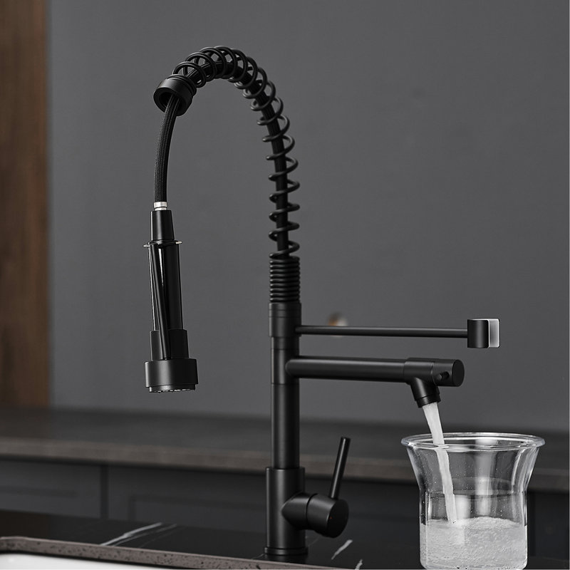 Robinet d'évier de cuisine à poignée simple à poignée simple, en acier inoxydable, noir et robinet de conception pratique avec matériau en laiton, style contemporain, facile à nettoyer et à entretenir