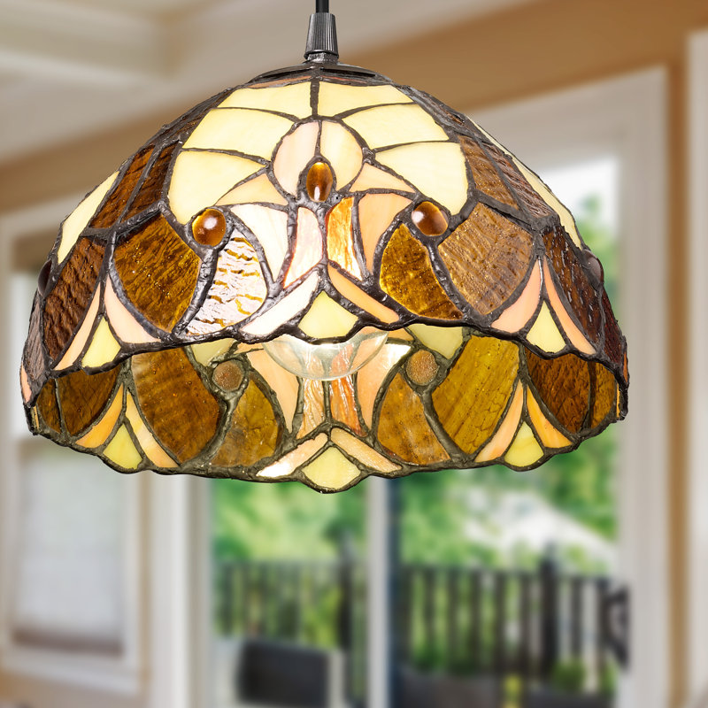 10.25"W Stained Glass Traditional Dome Shade Pendant, Brown/Yellow/Ivory