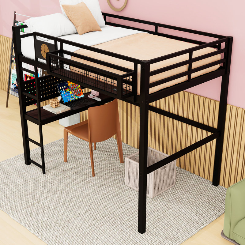 Metal Loft Bed with Side Clock and Storage Basket, Full