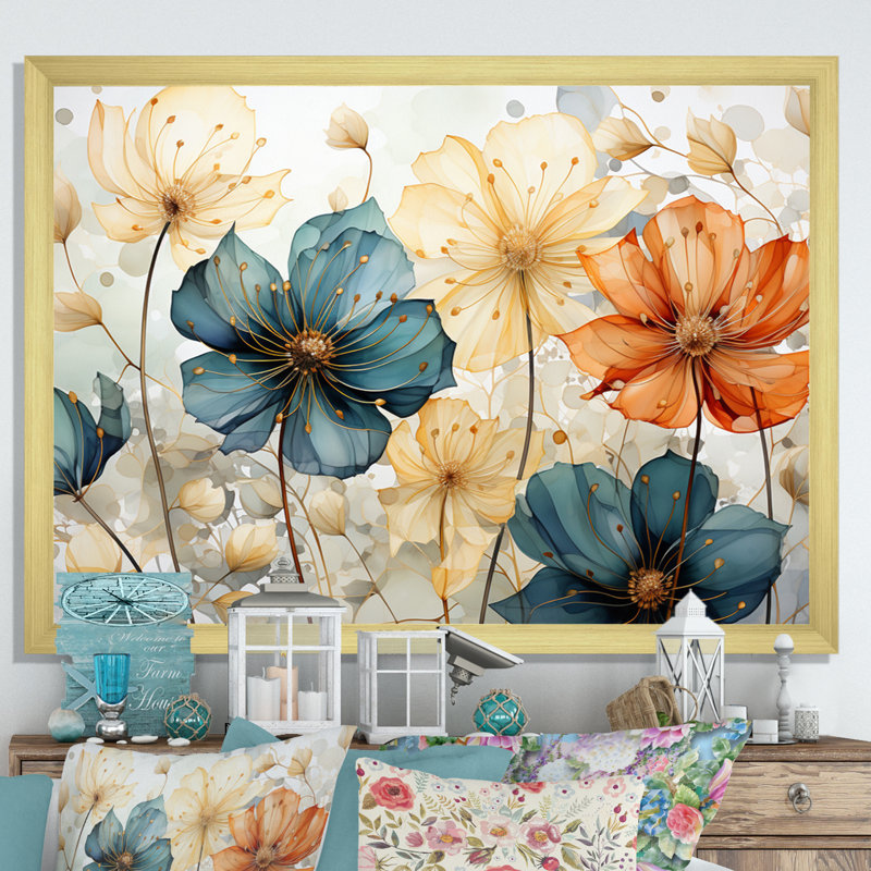 «Teal Orange Petal Mosaics I», art mural abstrait botanique pour le salon, H 24 po x l 32 po, Cadre photo unique, Gold