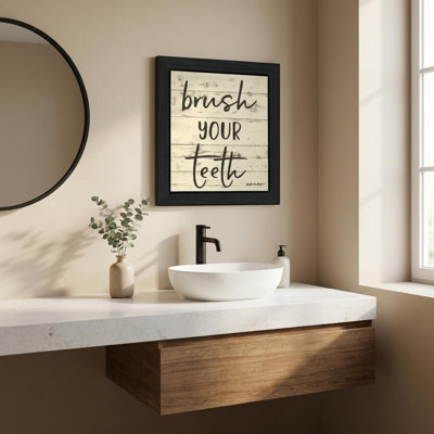 «Brush your T dents», impression murale encadrée noire pour salle de bain