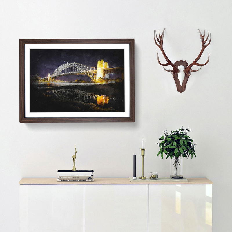 Sydney Harbour Bridge Australia - Picture Frame Painting Print, 62cm H x 87cm W x 2cm D, Walnut Framed