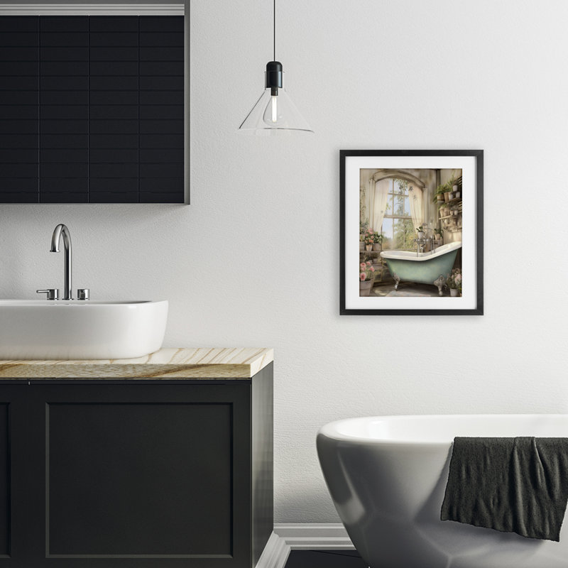 Salle de bain avec tablettes florales remplies, impression encadrée sous verre, design avec lettres et doublure
