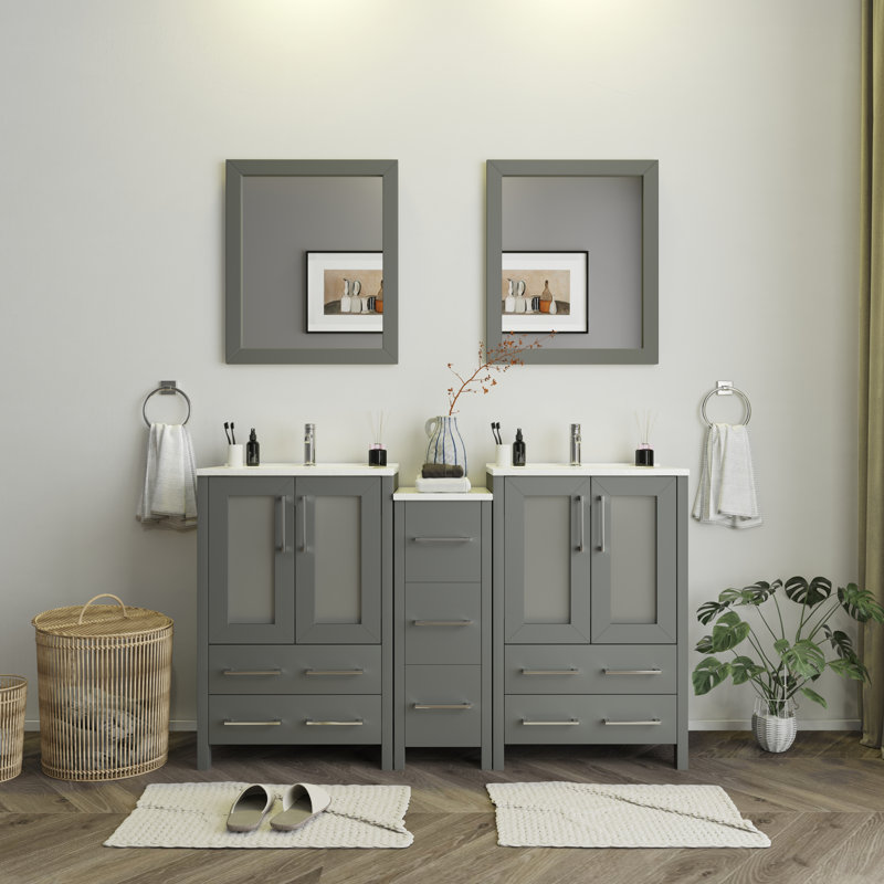  60" Double Bathroom Vanity Set with Mirror, Gray