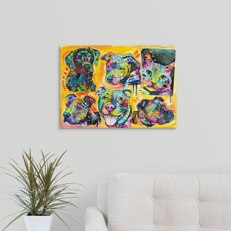 « 5 chiens et une cat », impression, Toile tendue, H 18 po x l 24 po x P 1,25 po