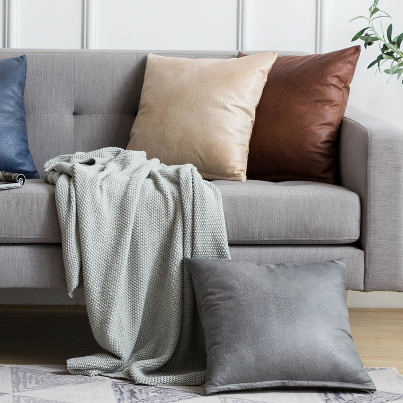 Set Of 2 Faux Leather Throw Cushion Covers, 16" x 16", Gray
