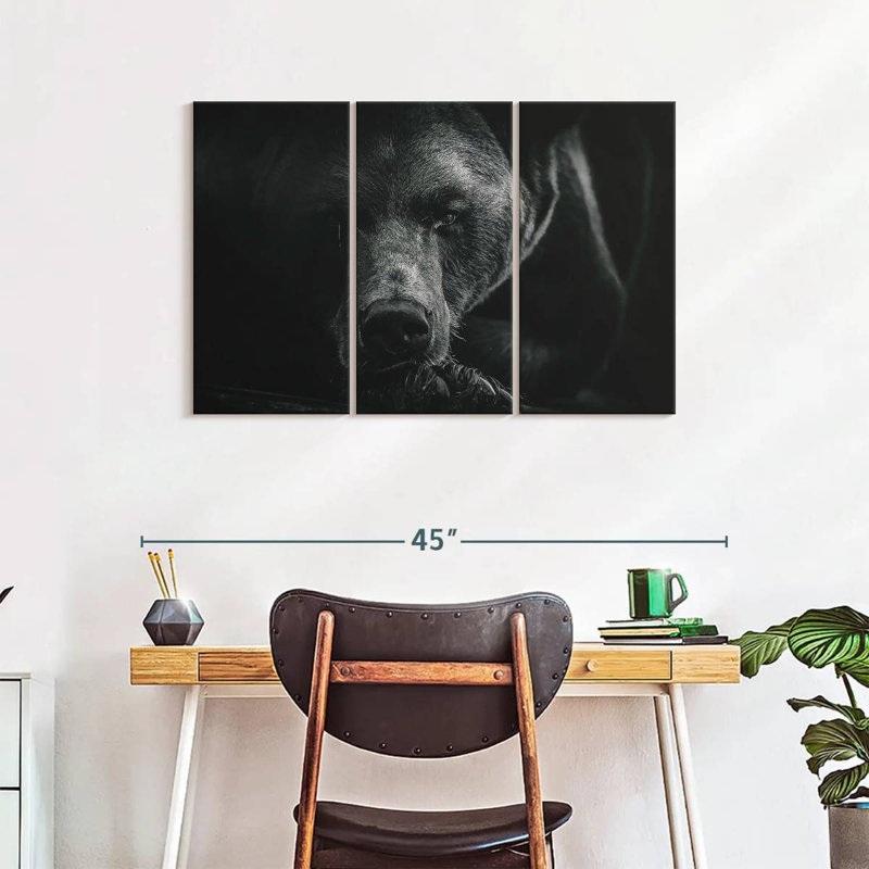 Ours brun monochrome sur toile 3 pièces, H 24 po x l 38 po x P 1,25 po