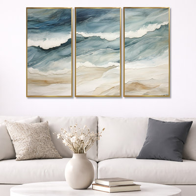 Bleu moderne et beige sable, vue aérienne III - ensemble de reproduction d'art sur la plage côtière
