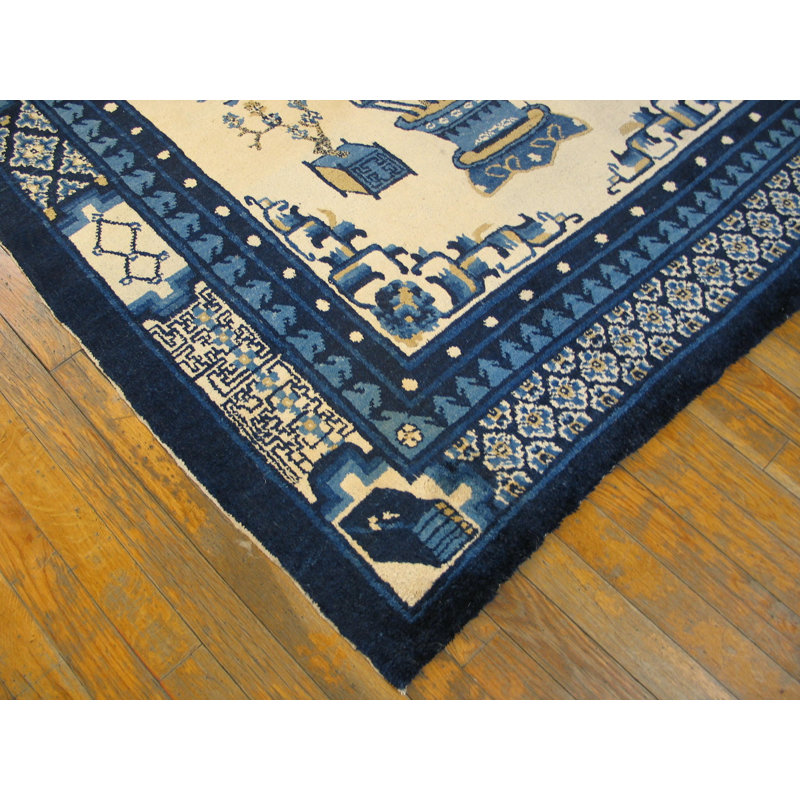 Tapis carré blanc en laine à motif floral noué à la main blanc et bleu