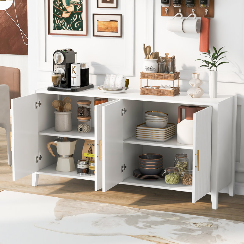 Buffet de 63,1 po avec portes à lattes ondulées et poignées en métal, Blanc