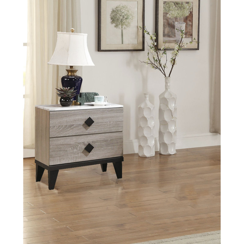 Table de chevet en chêne brun rustique crémeux avec surface en faux marbre, style 23 x 15 x 23