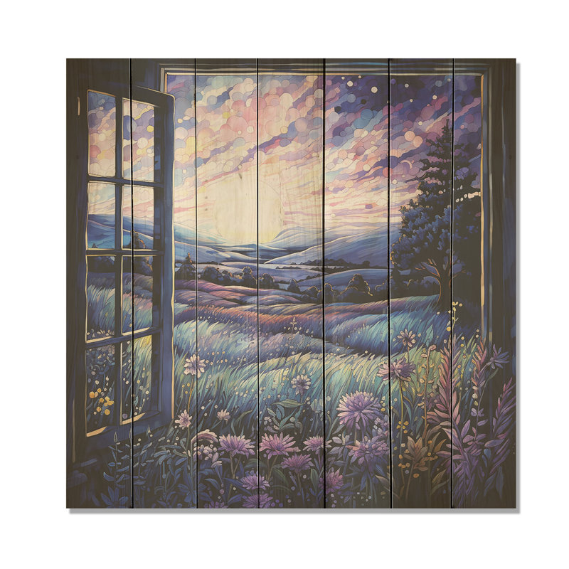 Lavender Horizon Country Side Windows IV - Farmhouse Windows On Wood Print, 15" H x 15" W