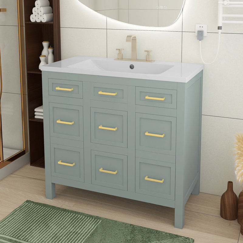 Meuble-lavabo en bois aggloméré avec lavabo intégré en résine, 4 tiroirs et 2 portes, Vert, Or
