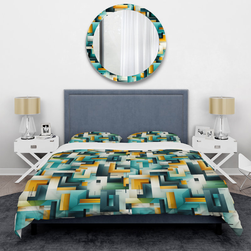 Green Cubic Oasis Geometric I - Ensemble de housse de couette géométrique, Housse de couette pour très grand lit et 2 très