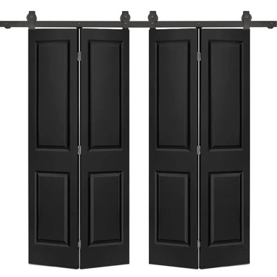 60 In. X 80 In. 2 Panel Black Painted Mdf Composite Double Bi-Fold Barn Door With Sliding Hardware Kit