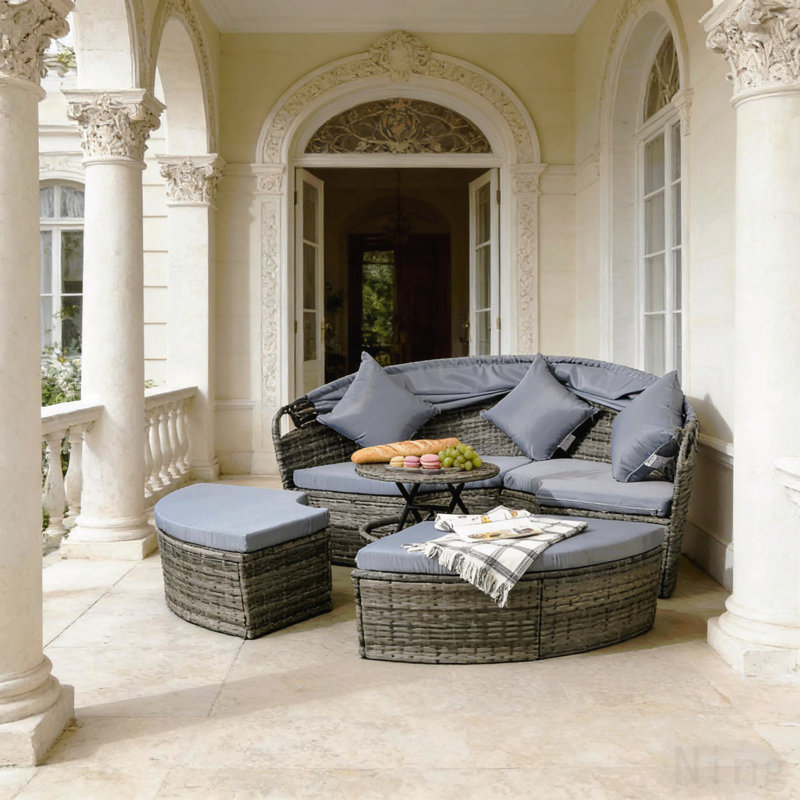 Ensemble de conversation près de la piscine, ensemble de mobilier modulaire de patio, lit de jour rond en rotin 4 pièces
