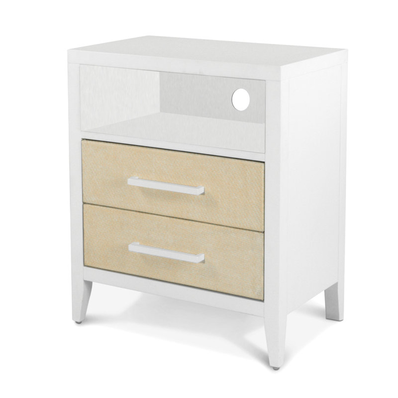 Miramar - 2 Drawer Woven Nightstand with Power Strip, USB-A and USB-C Port - Sand and Stark White Finish