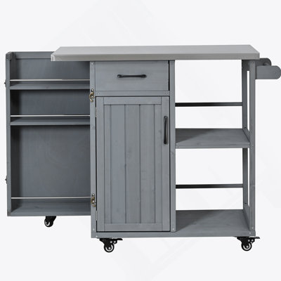 Durable Outdoor Kitchen Island With Stainless Steel Top, Ample Storage, And Lockable Wheels For Patio Use, Grey