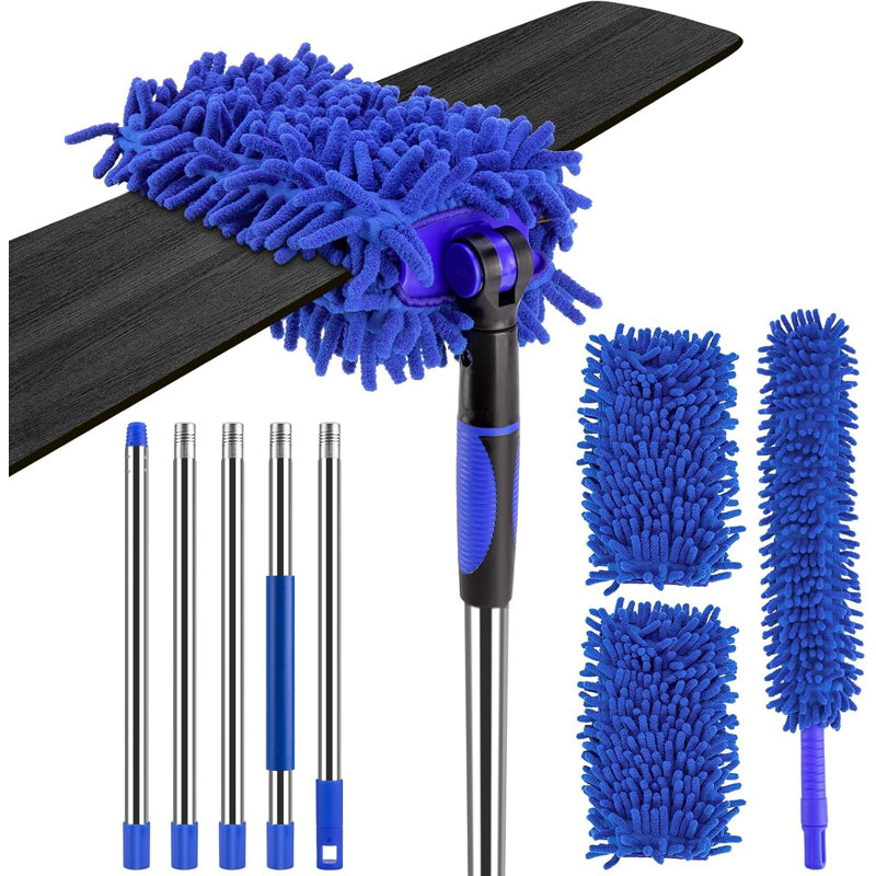 Poussoir de nettoyage de ventilateur de plafond avec poteau d'extension de 80 pouces, poudreuse pour pales hautes de ventilateur de plafond, plumeau chenille pliable et lavable pour le nettoyage des zones difficiles d'accès