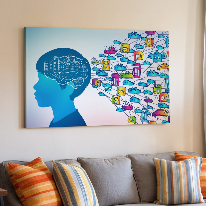 Toile, illustration vibrante avec profil d'un jeune garçon avec art mural, teint bleu lisse et cheveux courts noirs