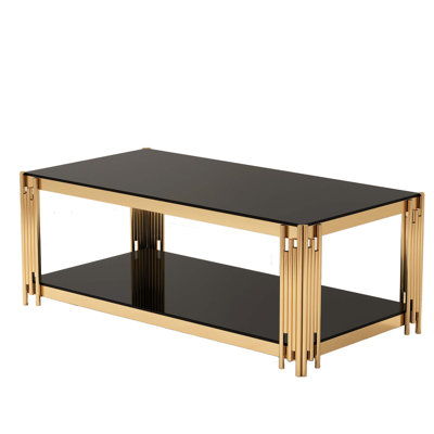47 '' Rectangular Gold Glass Double-Layer Coffee Table Modern Living Room Table Tempered Glass Tabletop, Gold Stainless Steel Metal Legs, Suitable For Use In Living Rooms And Offices