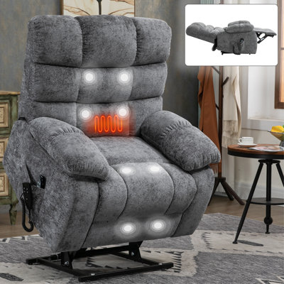 Heat Massage Dual Motor Oversized Grey Chenille Recliner For Elderly Comfort by Latitude Run