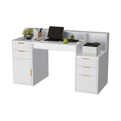 Computer Desk with Hutch & Printer Stand – Ripple Door Design, Space Saving Home Office Desk, Sturdy Board Construction, Easy Assembly for Students