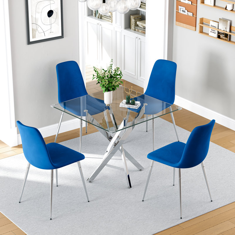 36" Square Glass Dining Table Set, Modern Stainless Steel Cross-Leg Base With 4 Velvet Upholstered Chairs, Silver/Blue/Silver