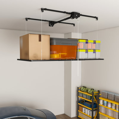 White Overhead Garage Storage Rack 4 x8 FT for High Ceilings 10-12 FT, 350 LBS Capacity All-Steel Construction with Safety Lock (Installation Required - Iron - 325 Lbs Capacity