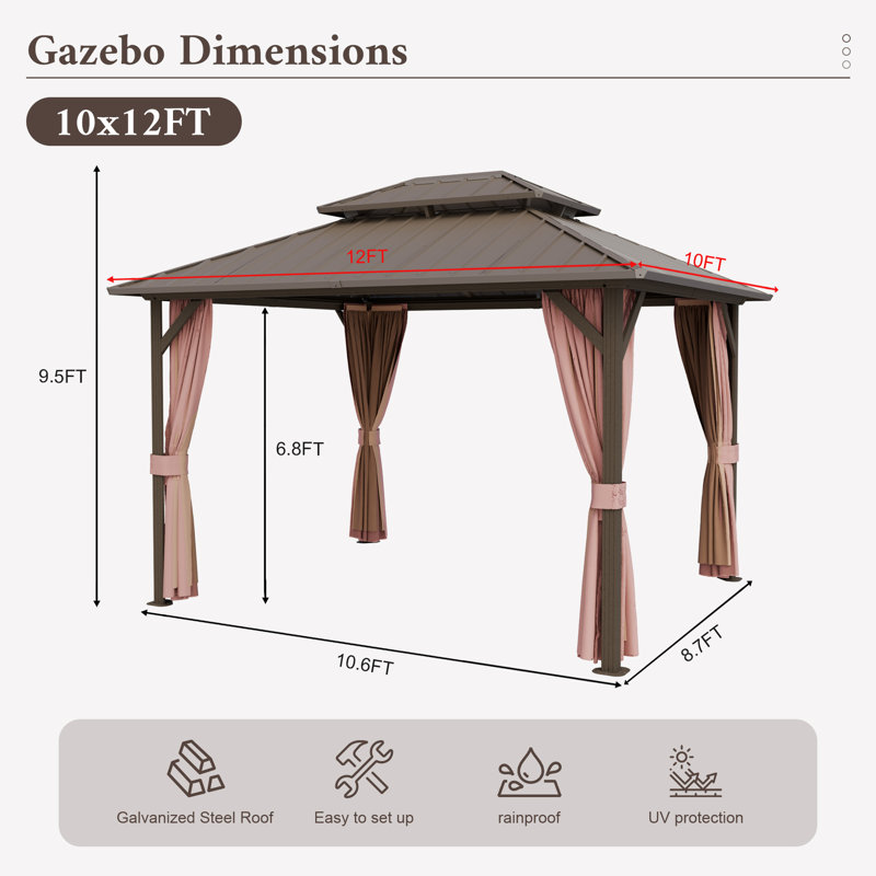 10 Ft. X 12 Ft. Aluminum Patio Gazebo with Double Steel Roof, Mosquito Netting, and Curtains